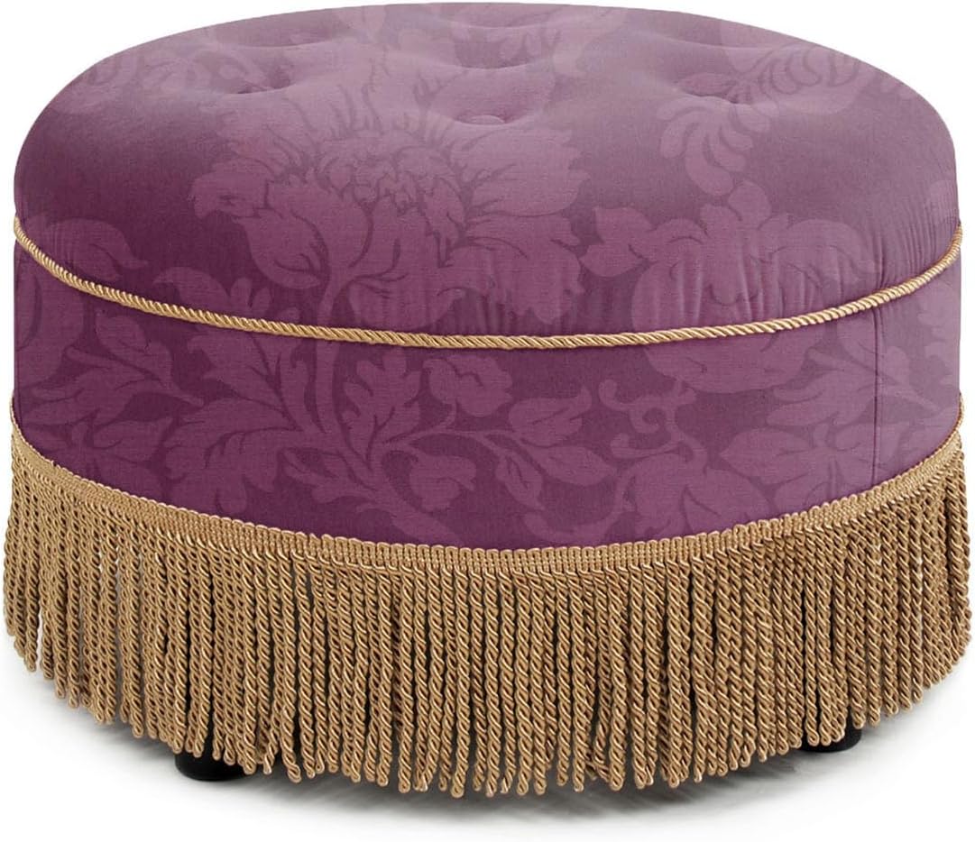Jennifer Taylor Home Yolanda 24" Round Upholstered Accent Ottoman in Purple Floral Sateen Jacquard with Gold Trim