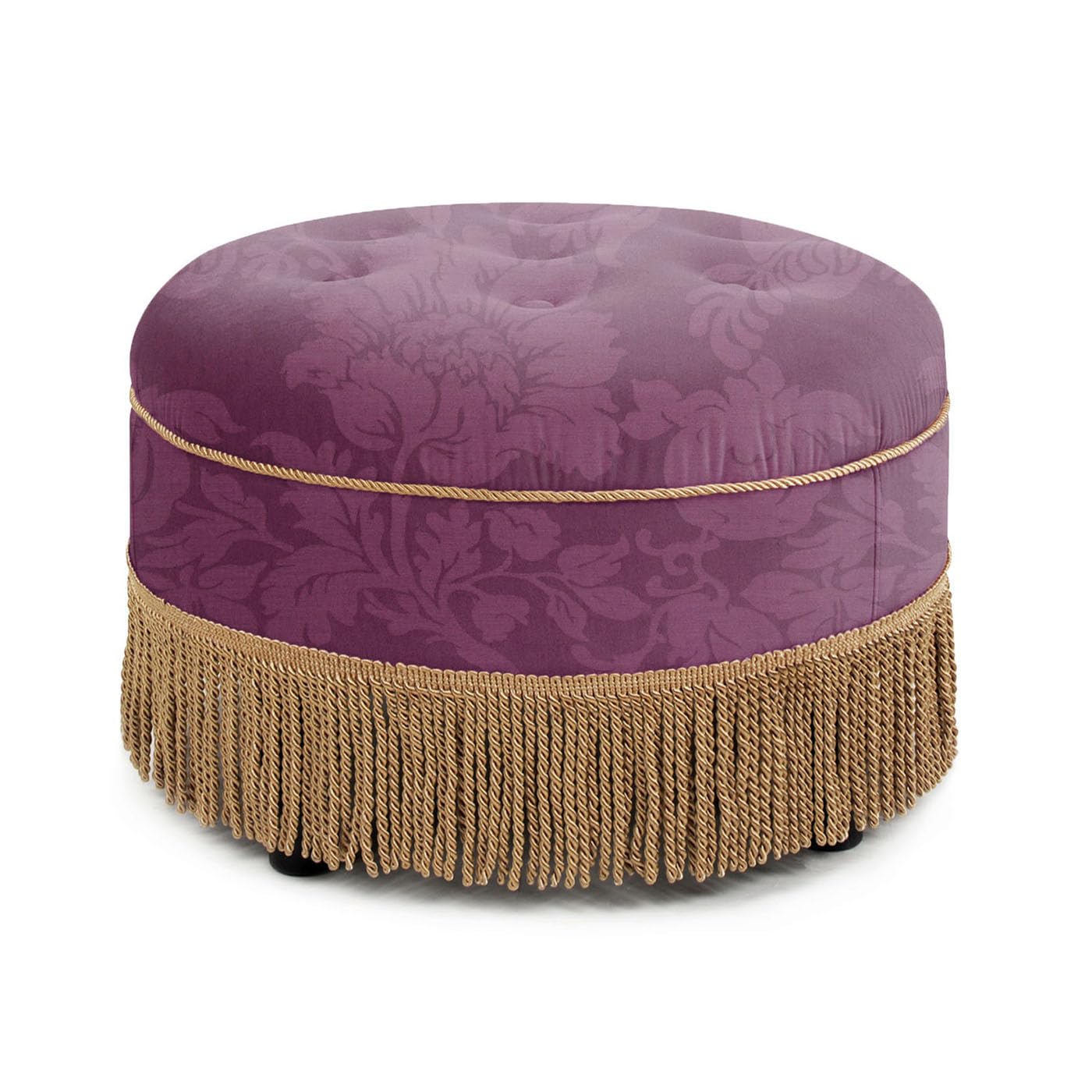 Jennifer Taylor Home, Ottoman, Hand Tufted w/Cord & Fringe Trim (Purple Floral Sateen Jacquard with Gold Trim)