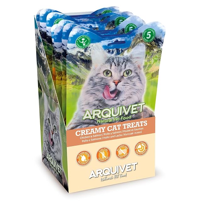 Arquivet Creamy Cat Treats - Snack cremoso de Pollo y Salmón (Expositor de 12 Bolsas con 5x14 g)