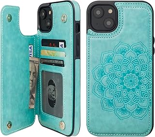 Vaburs Compatible with iPhone 14 Plus Case Wallet with Card Holder, Embossed Mandala PatternÂ Flower PU Leather Double Buttons Flip Shockproof Cover for Magnetic Car Mount 6.7 Inch (Green)