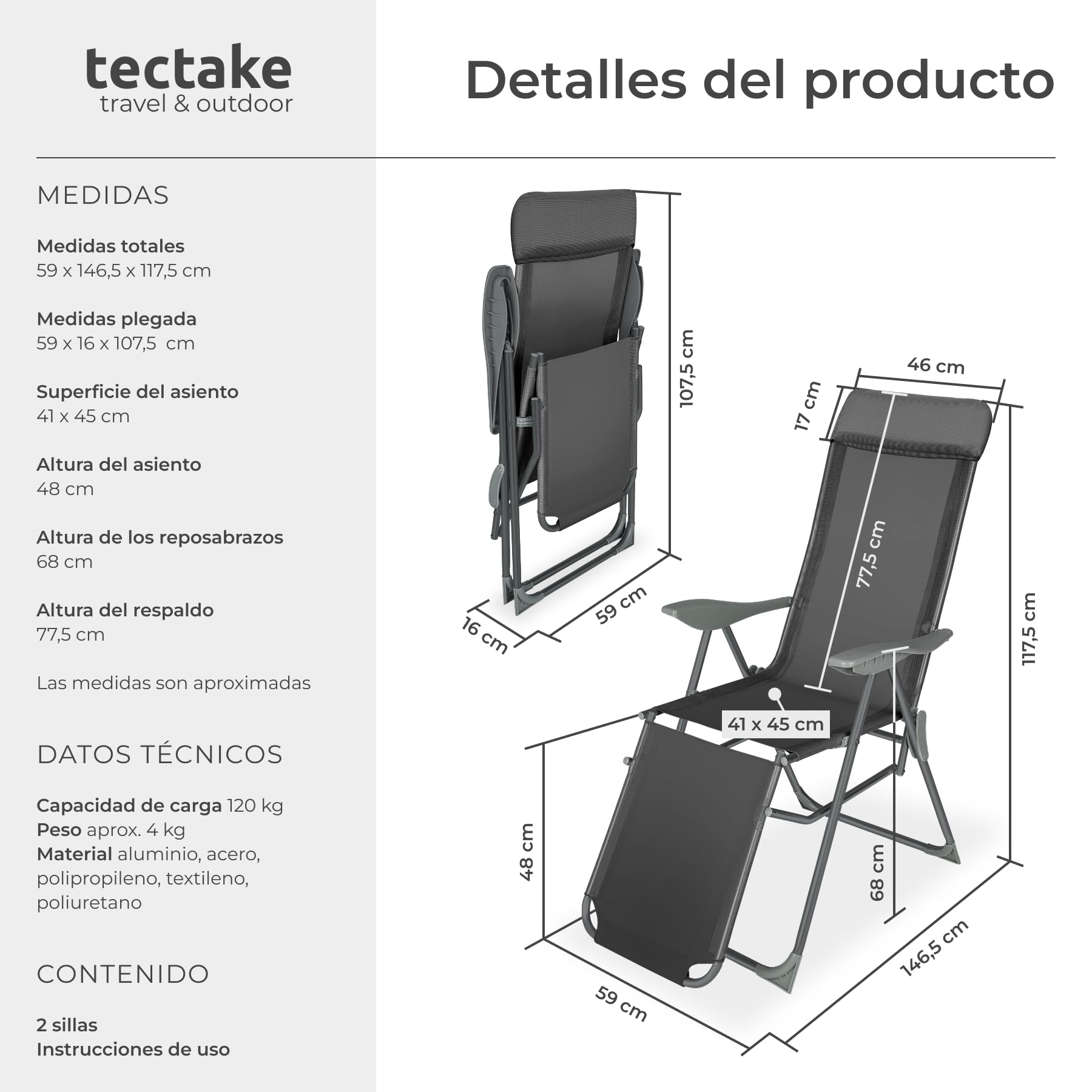 tectake® Conjunto Sillas Jardín Exterior de Aluminio, Respaldo Regulable y Reposacabezas, Conjunto Sillas Terraza Resistentes a Intemperie, Transpirable - 2 Tumbonas Antracita