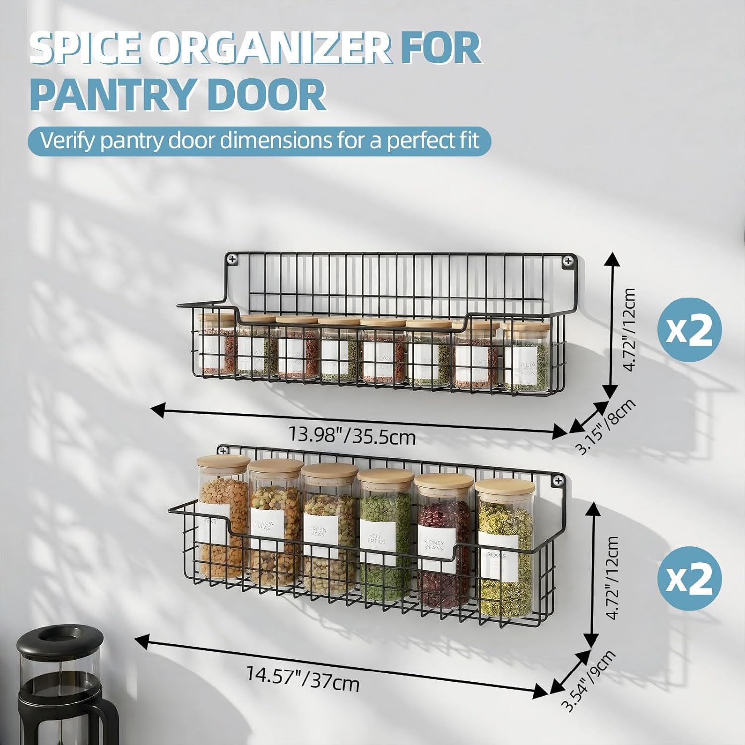 Spice Rack Wall Mount, Spice Organizer for Cabinet & Pantry Door, Set of 4 Hanging Spice Rack Saving Space for Kitchen, Black