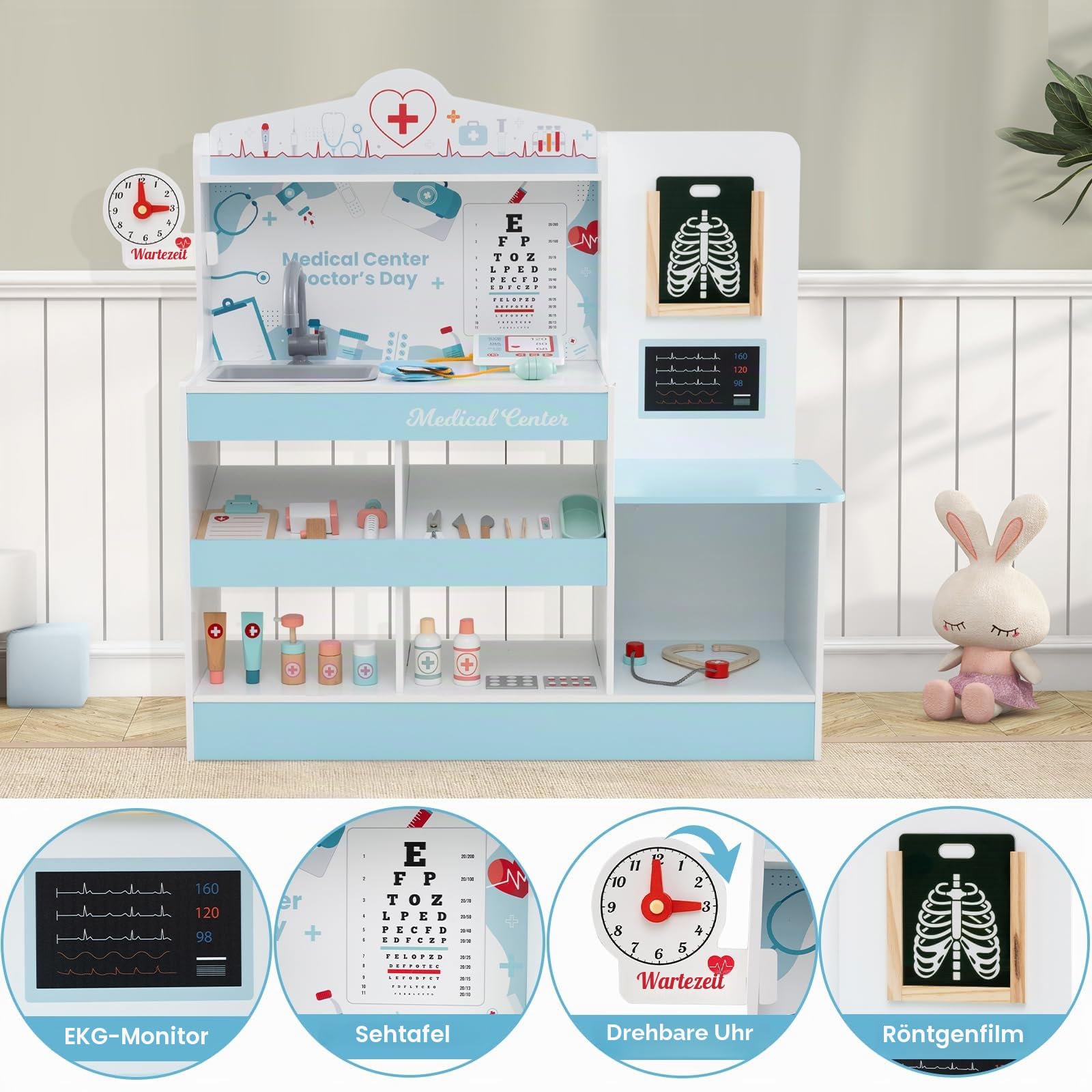 HOMASIS Arzt-Set aus Holz, Arzt-Set für Kinder mit Waschbecken, Sichtprüfung, Elektrokardiogramm, Uhr und Röntgenaufnahme, Krankenschwester-Spiel für Kinder ab 3 Jahren (Blau)