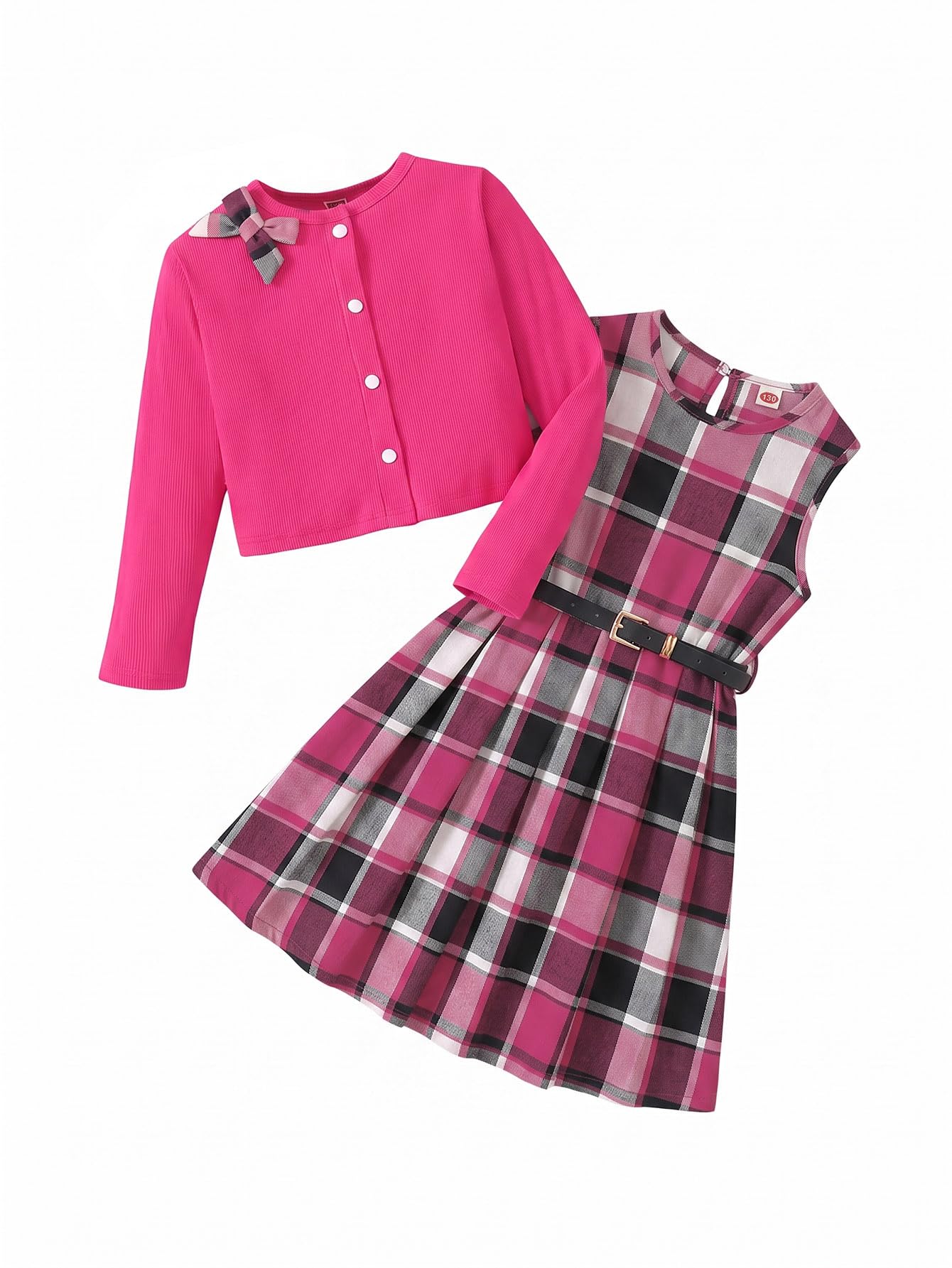 Girls Plaid Dress with Cardigan 3-Piece Outfit Set with Belt Size 7-14