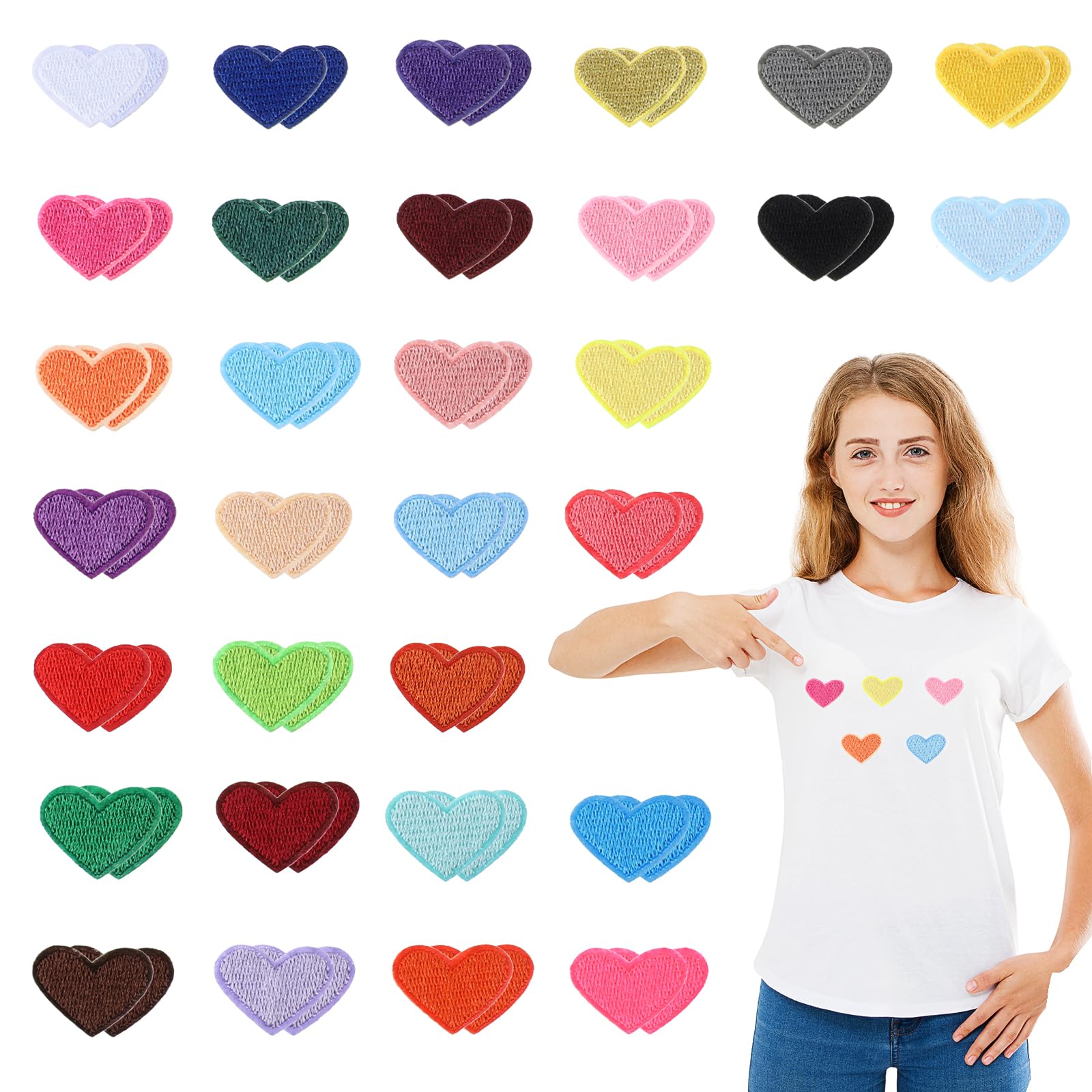 62 Pcs Colorful Heart Embroidered Mini Patch Appliques - Iron On Heart Patch for Clothes, Dress, Pants, Hats, Jeans & Accessories