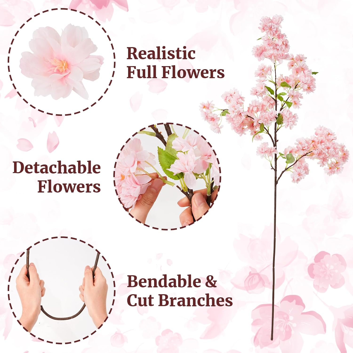 YOUNGLEAVES 3 Pcs Cherry Blossom Branches,40 inch Realistic Artificial Flowers Long Stem Spring Decorations for Tall Vase Home Wedding, Party Table Centerpiece Floral Arrangements Decor (Pink)