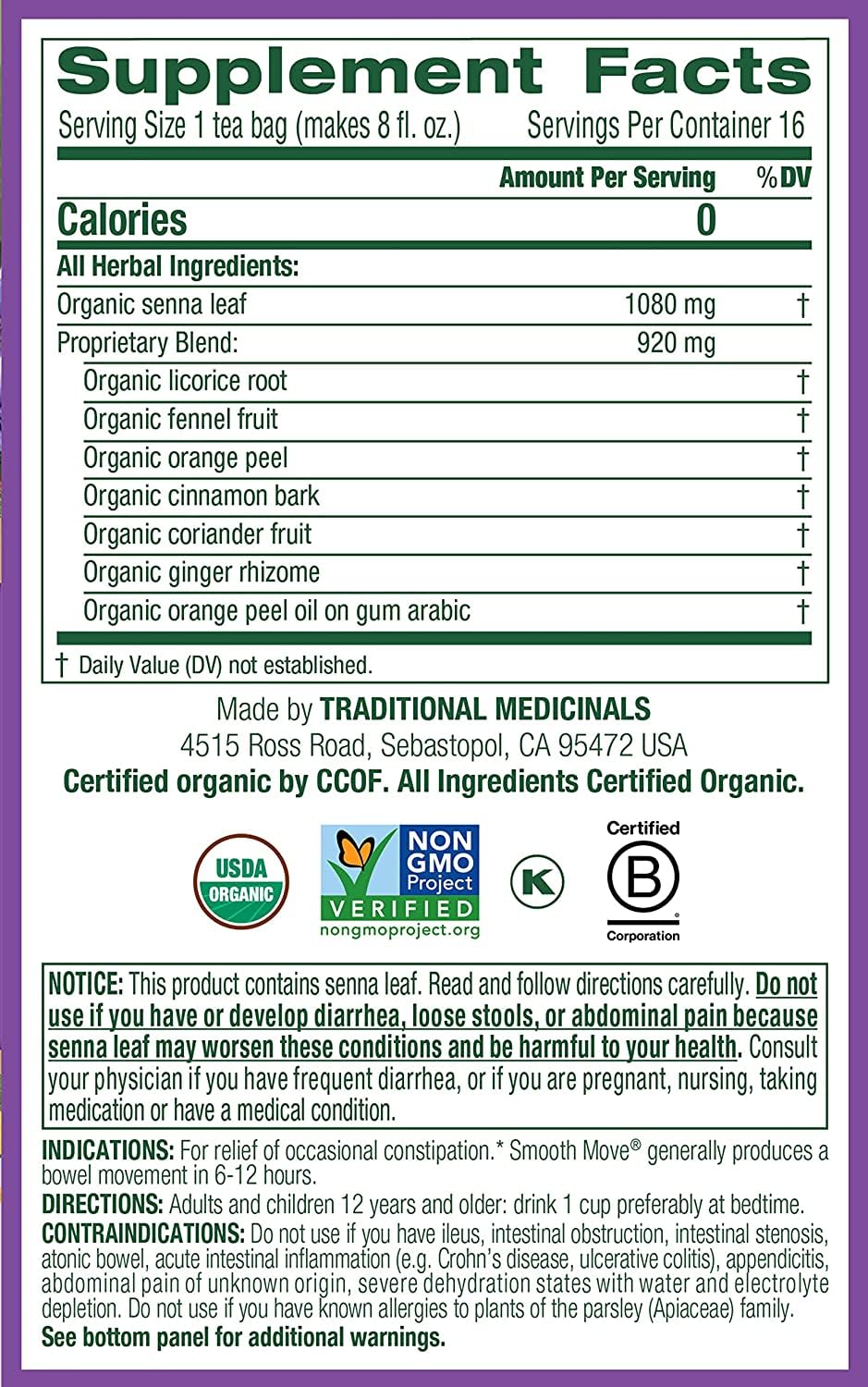 Traditional Medicinals Smooth Move Lot de 16 sachets de thé laxatif bio