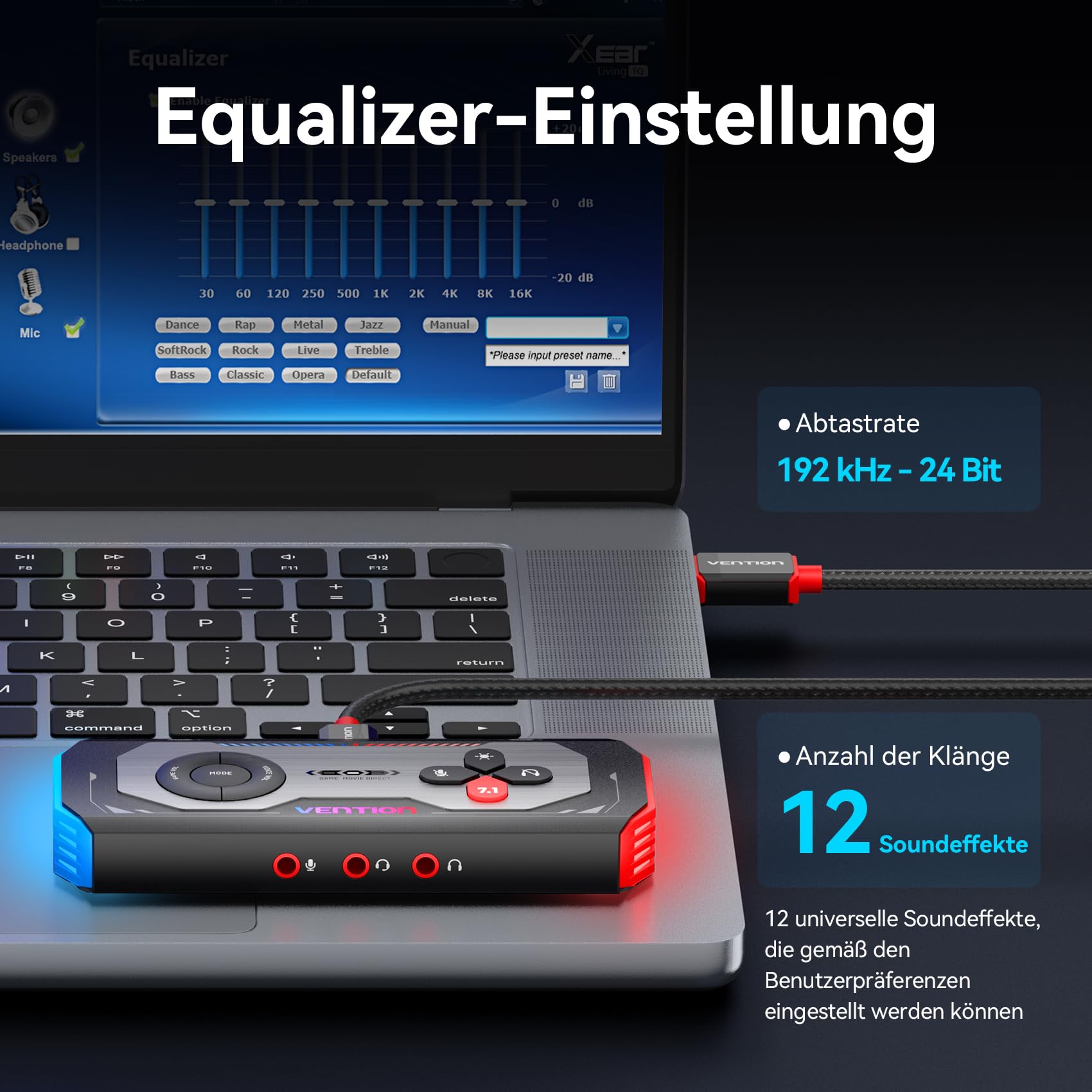 VENTION USB 7.1 Soundkarte Extern Gaming-DAC, 7.1 Virtual Surround Sound, 24bit/192KHz, RGB Light System, Gaming Audio Verstärker Kompatibel mit PS5, PS4, Xbox One, Switch, PC, Headset