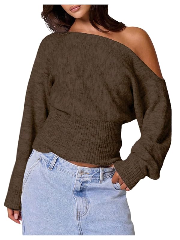 Milumia Women's Off The Shoulder Sweater Long Sleeve Cinched Waist Fall Knit Tops Knitwear Brown Small by Milumia - Used condition - US$12.27