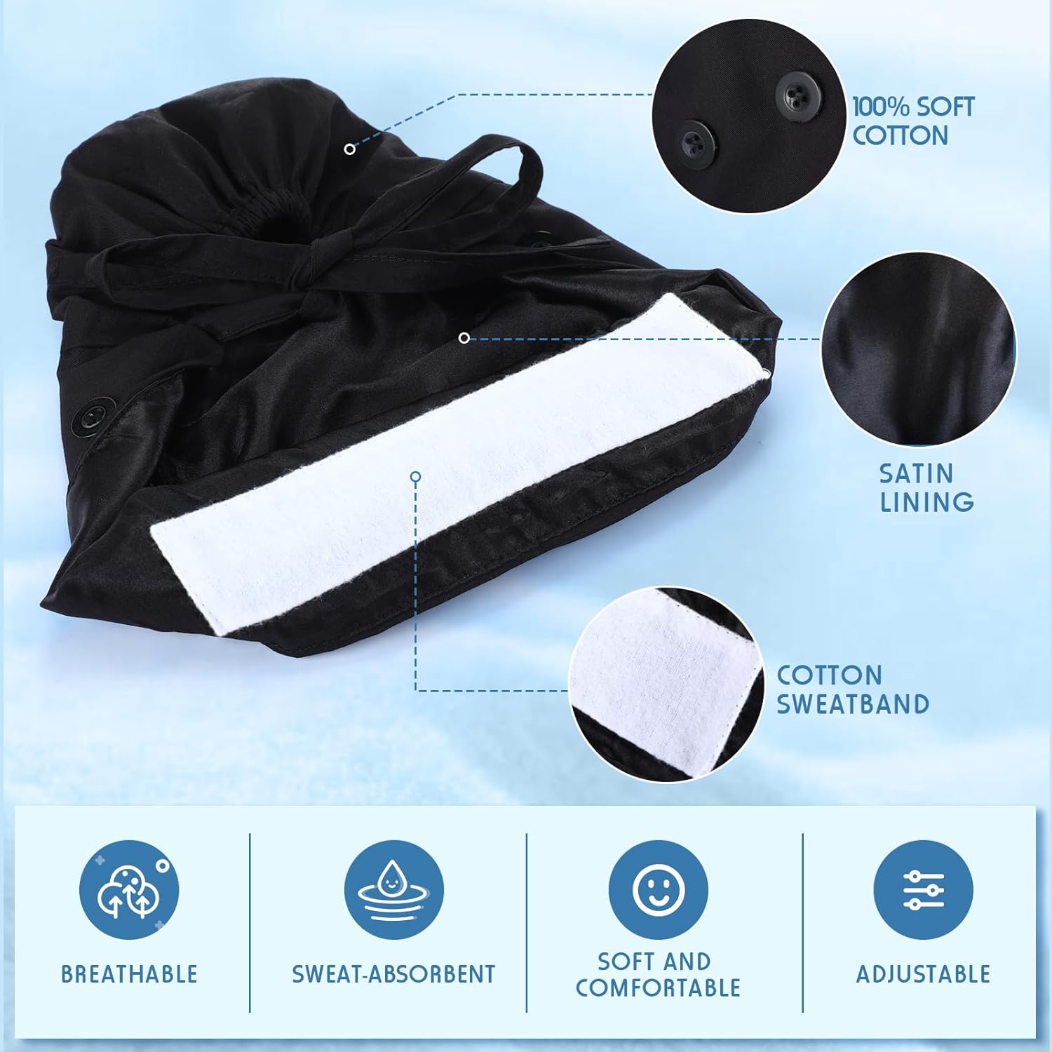 Satin Lined Scrub Caps Women Nurse Surgical Hat with Buttons Ponytail Working Adjustable Pouch Tie Back - Image 2