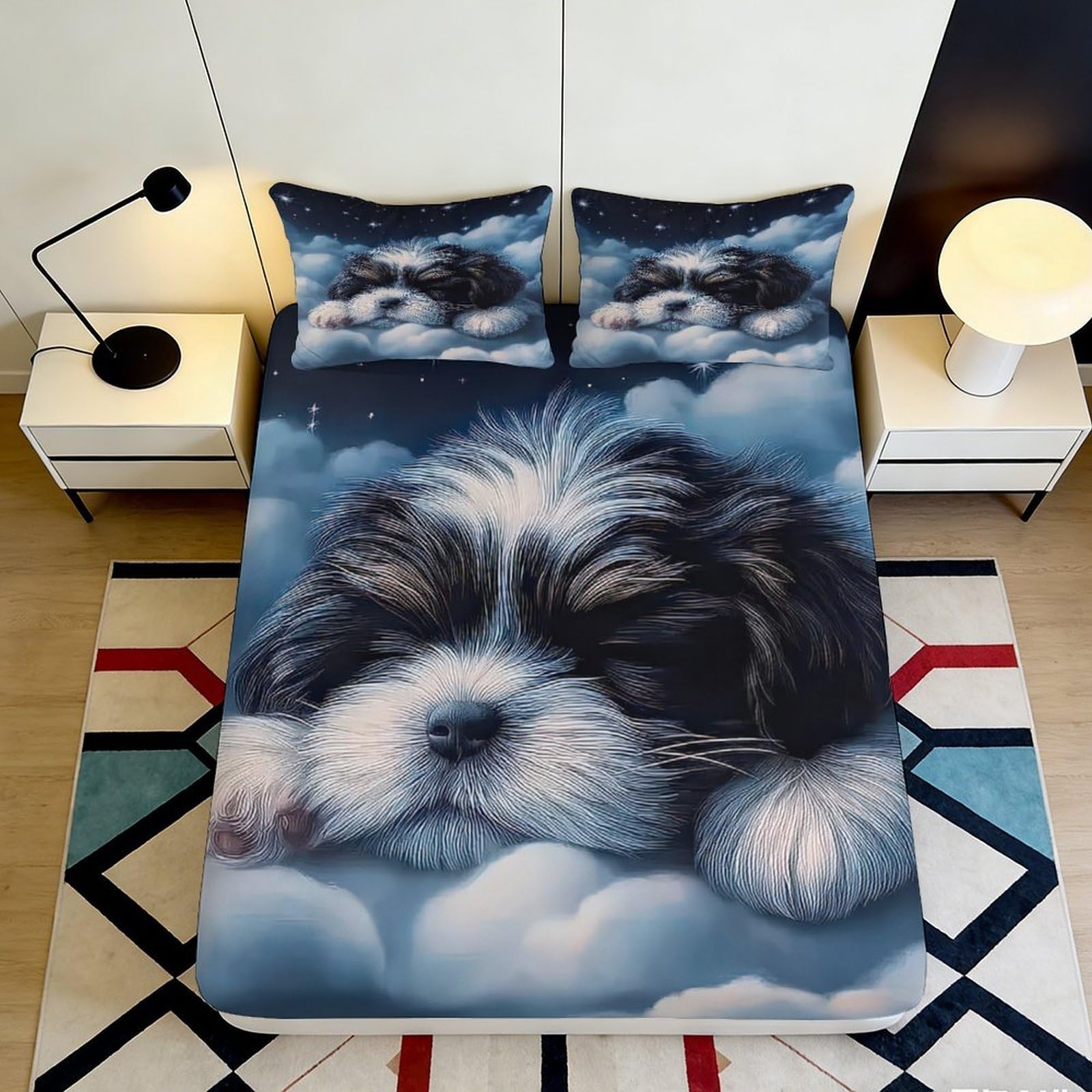 3D Printed Sleeping Puppy Fitted Sheet Microfiber Soft Blue Clouds Bed Cover for Bedroom Guest Room Decor 90x200x25cm