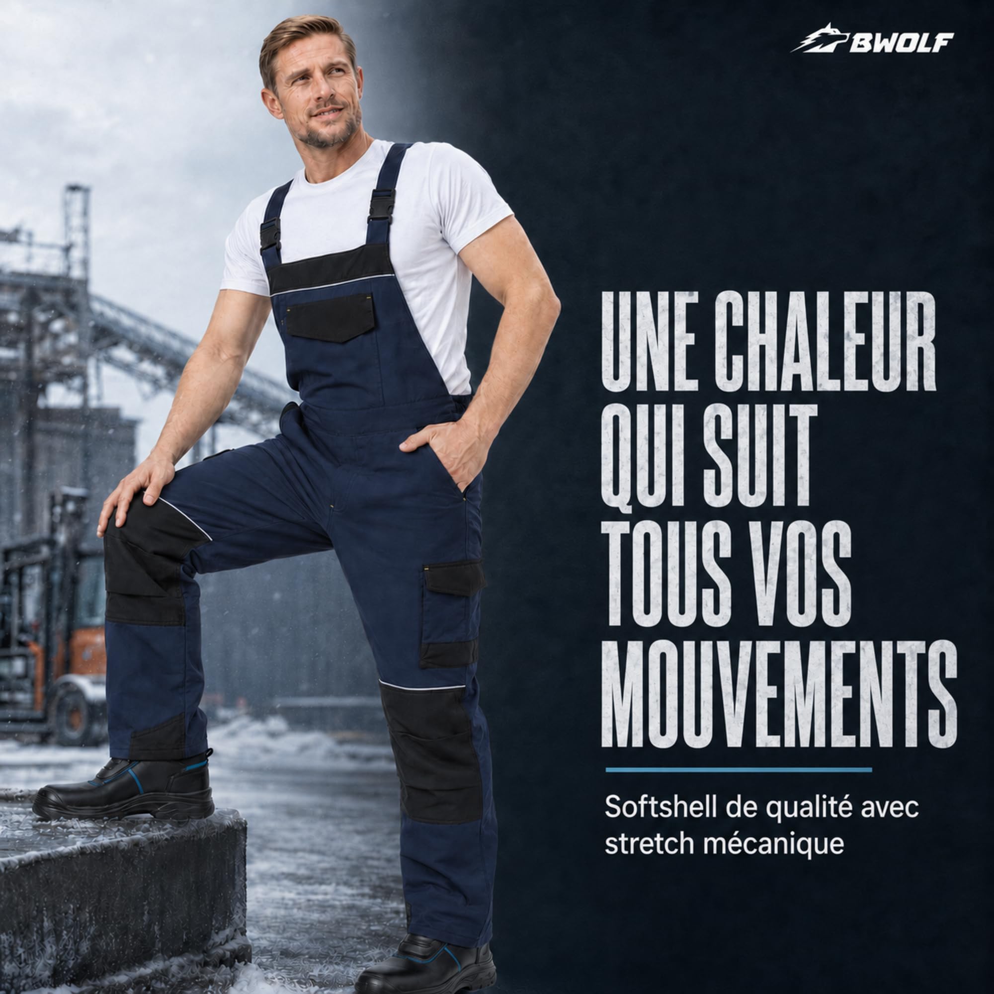 BWOLF Daytona Ice Salopette d'hiver pour homme - Softshell avec stretch mécanique, coupe-vent, résistante au froid et robuste avec éléments réfléchissants