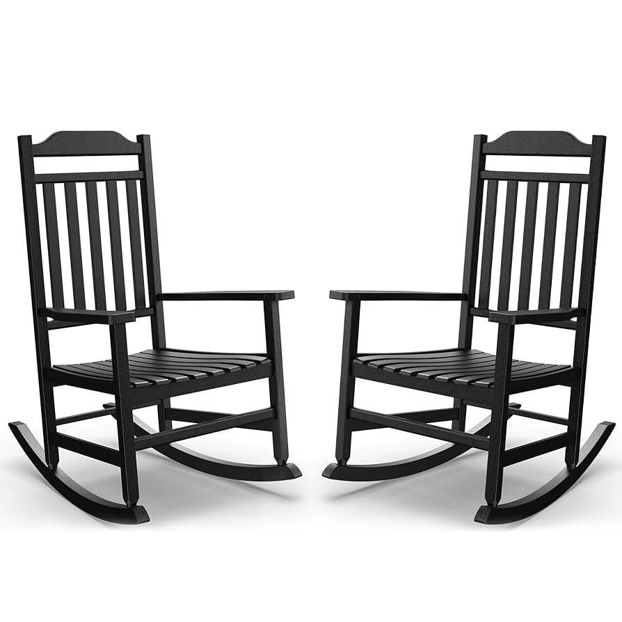 Patio Rocking Chair Outdoor Set of 2,Weather Resistant Poly Resin Oversized Porch Rocker,High Back Smooth Design,350lb Weight Capacity,Indoor Outdoor Use(2,Black)