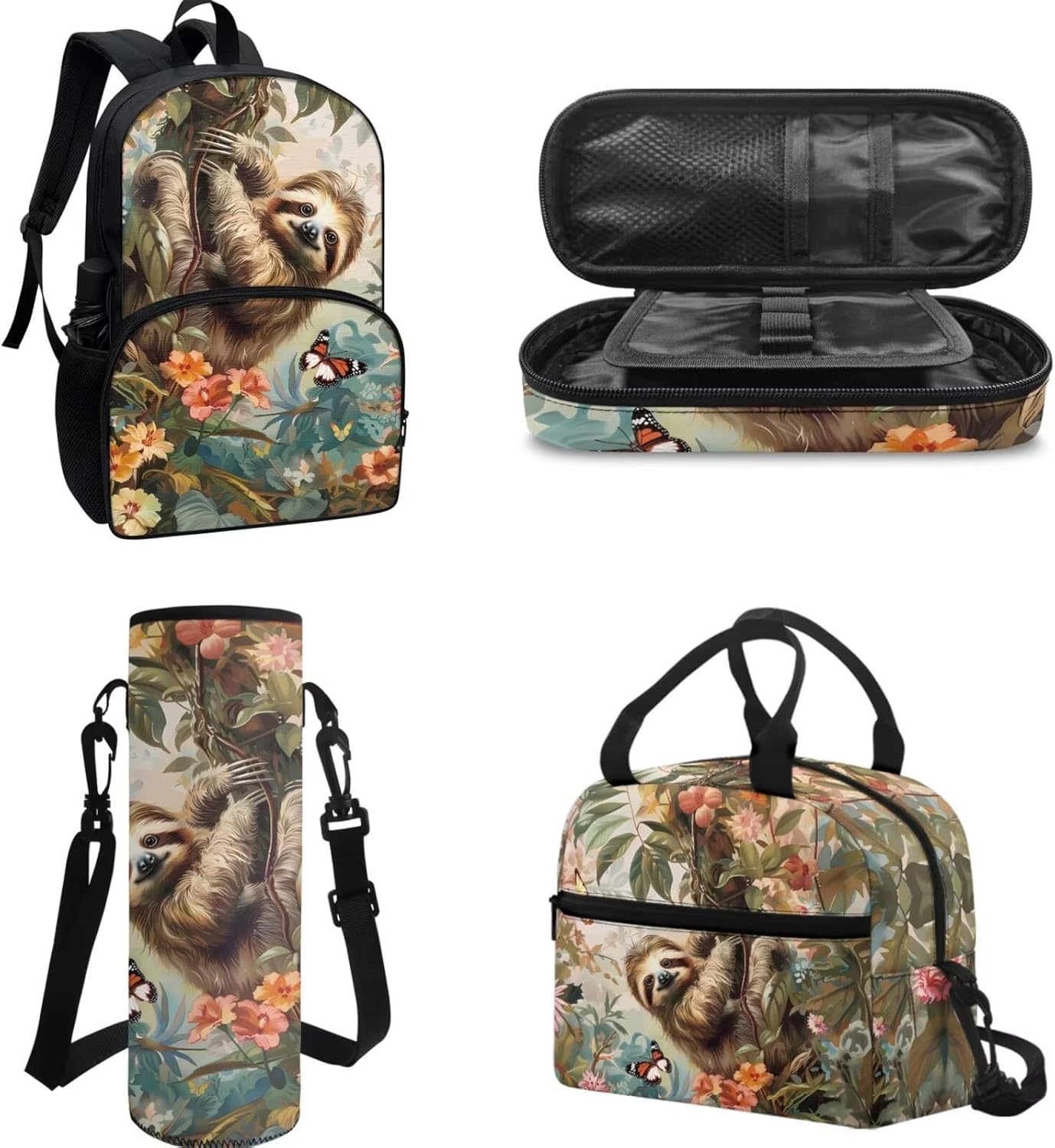 POLERO Kids Sloth School Backpack Set 4Pcs Large Capacity Bookbag with Lunch Box Pencil Case Water Bottle Sling Bag Set