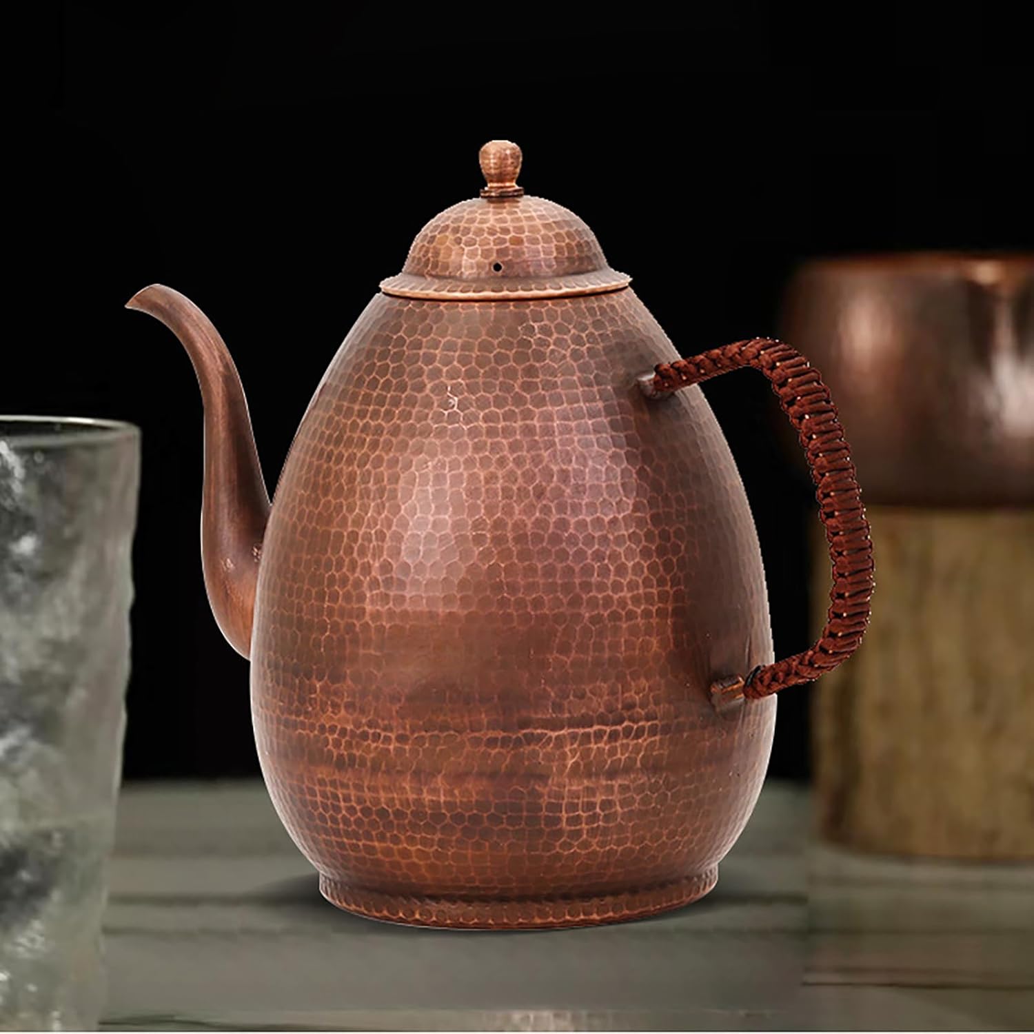 Handmade Solid Copper Tea Pot Kettle Stovetop Teapot 1mm Thick Hammered Fast Heating No Coating Inside (2000ML)
