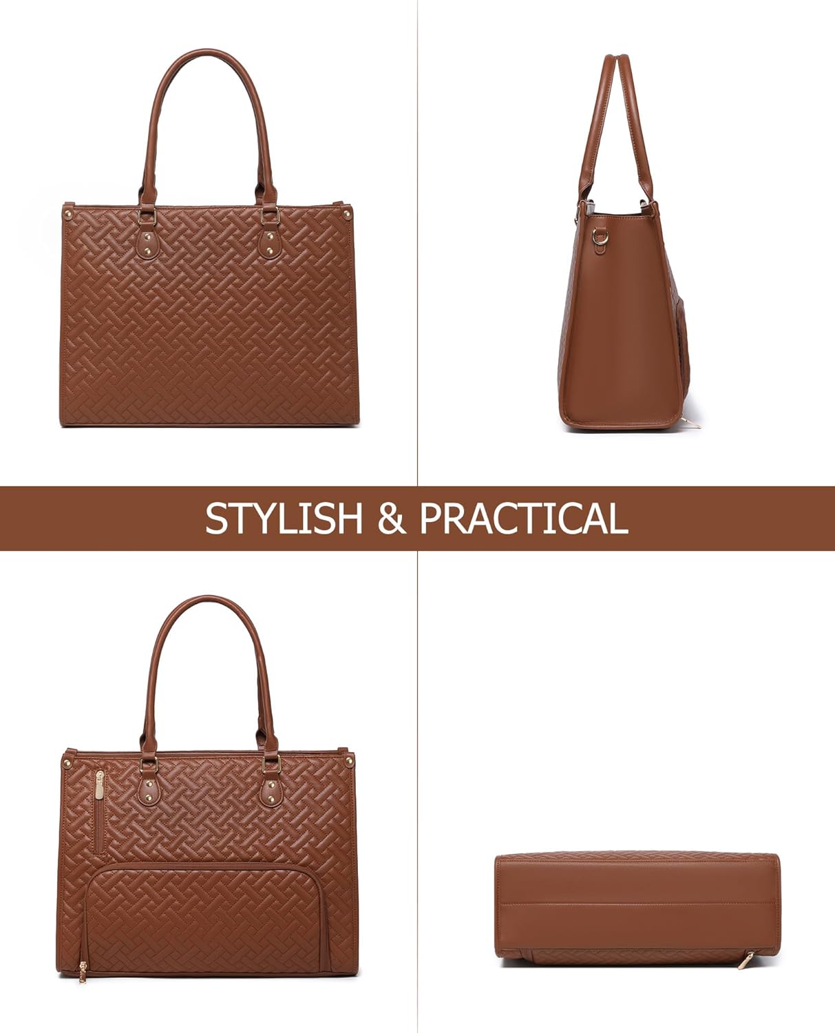 BAVERGE Lunch Tote Bag for Women, Vegan Leather 15.6” Laptop Bag with Insulated Compartment Quilted Purse for Work Teacher