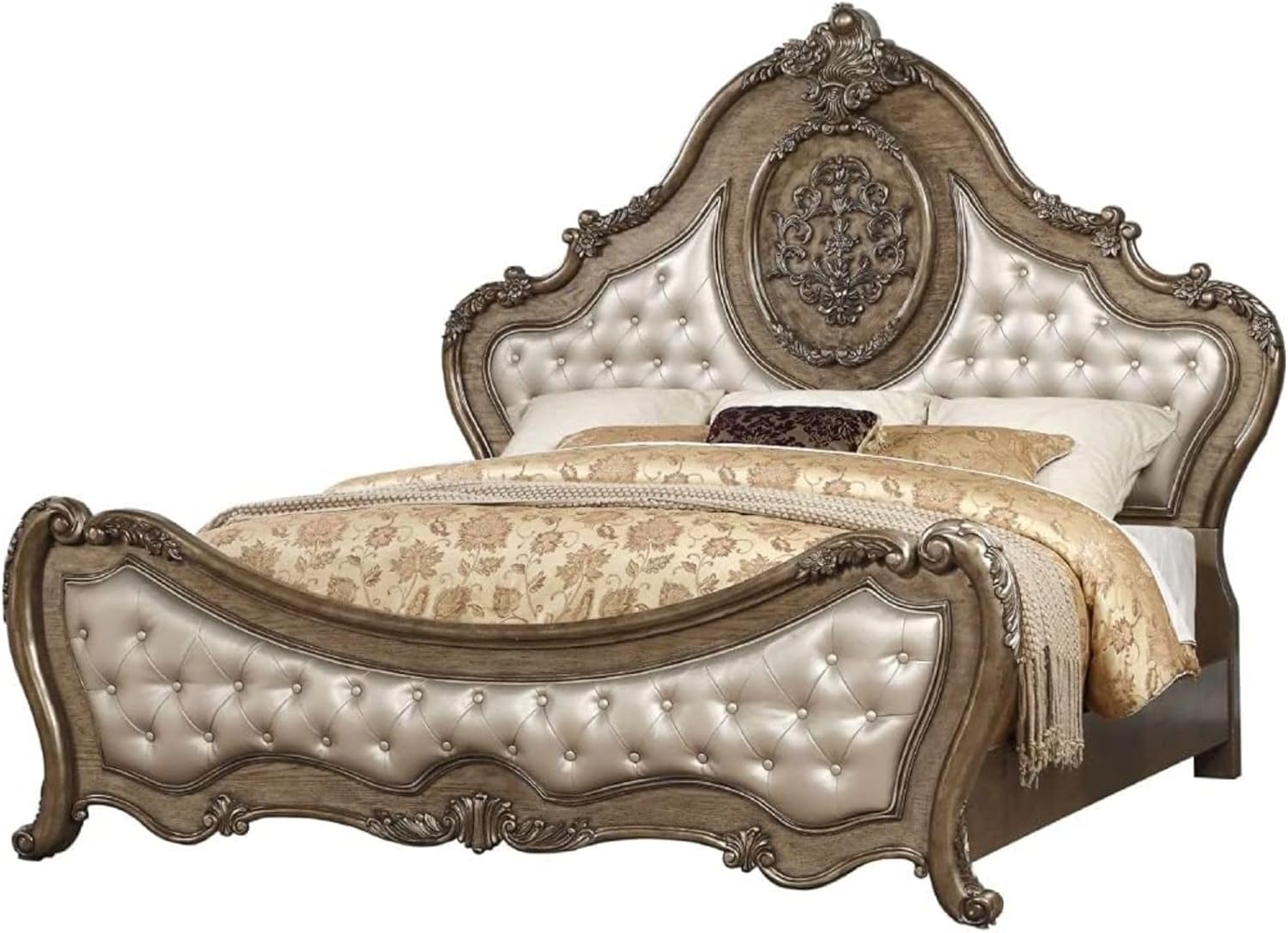 Ragenardus Queen Bed Synthetic Leather Upholstered Headboard Vintage Oak Carved Wood Frame Elegant Bedroom Furniture Luxury Design Sturdy Construction Classic Style Timeless Comfort