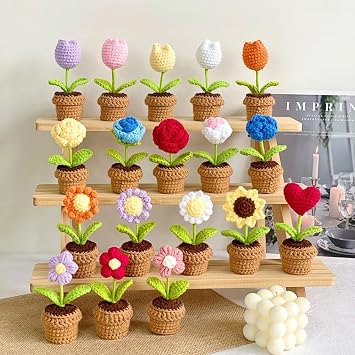Cute Knitted Flower Plant, Kawaii Handmade Crochet Flowers,Small Potted Artificial Flower Plants, Desk Home Car Dashboard Decorations (Rose-red)