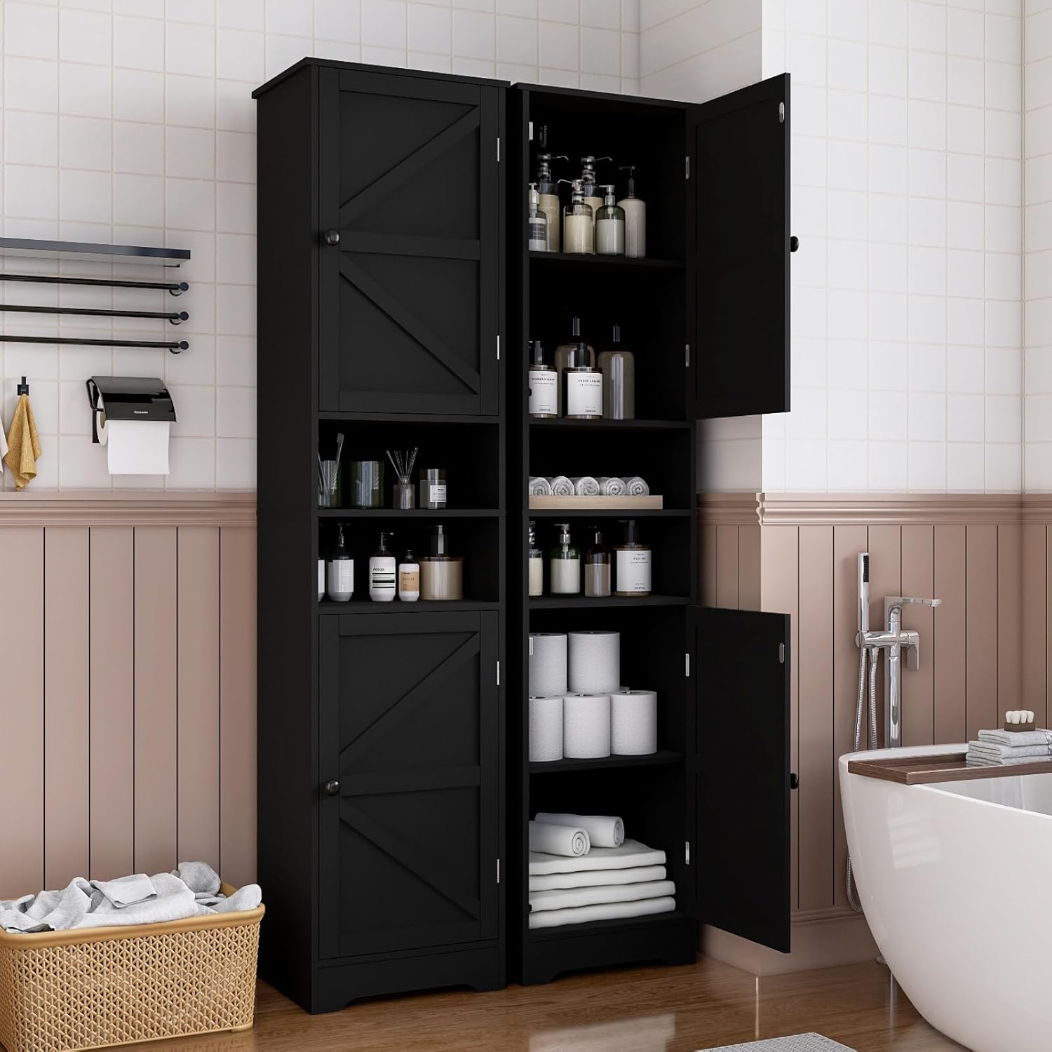 Viaozutis Tall Bathroom Storage Cabinet, Vertical Freestanding Organizer with Adjustable Shelf, Slim Design for Small Bathrooms, Towels & Toiletries Storage Black
