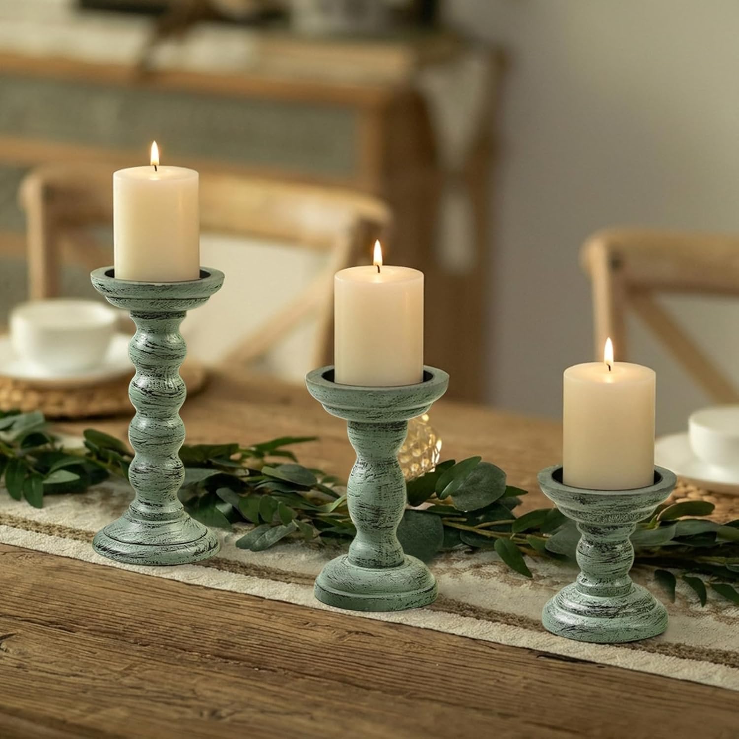 Set of 3 Candle Stick Holders Decor Rustic Wooden Candle Holder Mint Green Farmhouse Candle Stands for Table Centerpiece, Vintage Pillar Candle Holders for Living Room