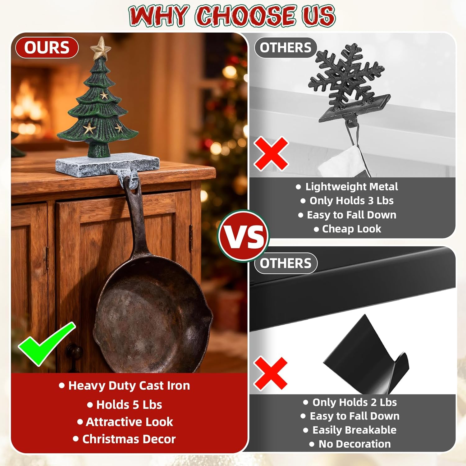 G GOOD GAIN Bundle 2 Items - Handmade Distressed Fireplace Mantel 60inch, Cast Iron Christmas Stocking Holders