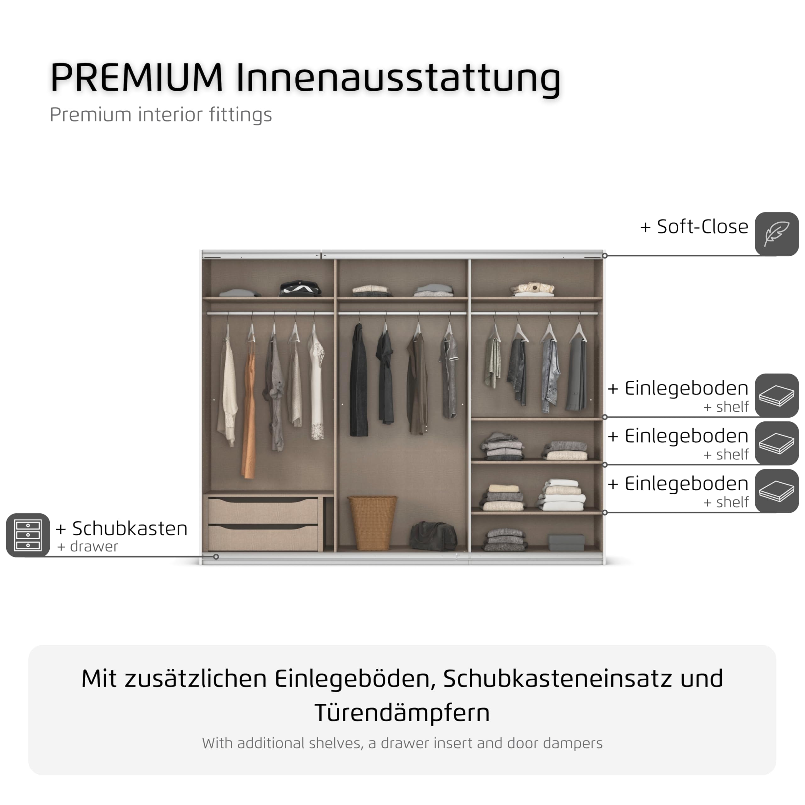 Rauch Möbel KULMBACH, Schwebetürenschrank, Farbe Weiß, Breite 271 cm | Kleiderschrank mit Schwebetüren, Schiebetüren, 3-türig, mit Spiegel, Zubehör Premium, Schlafzimmer, Jugendzimmer, Garderobe