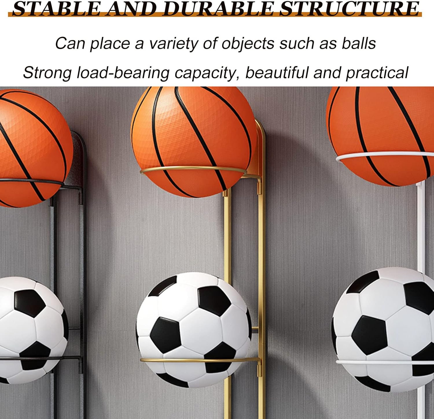 Wall Mount Ball Storage Racks, Basketball Storage Stand Metal Display Shelving, Sports Ball Storage Holder with Hooks, Garage Sports Equipment Organizer for Volleyball Ru（Black-1 piece wall shelf）