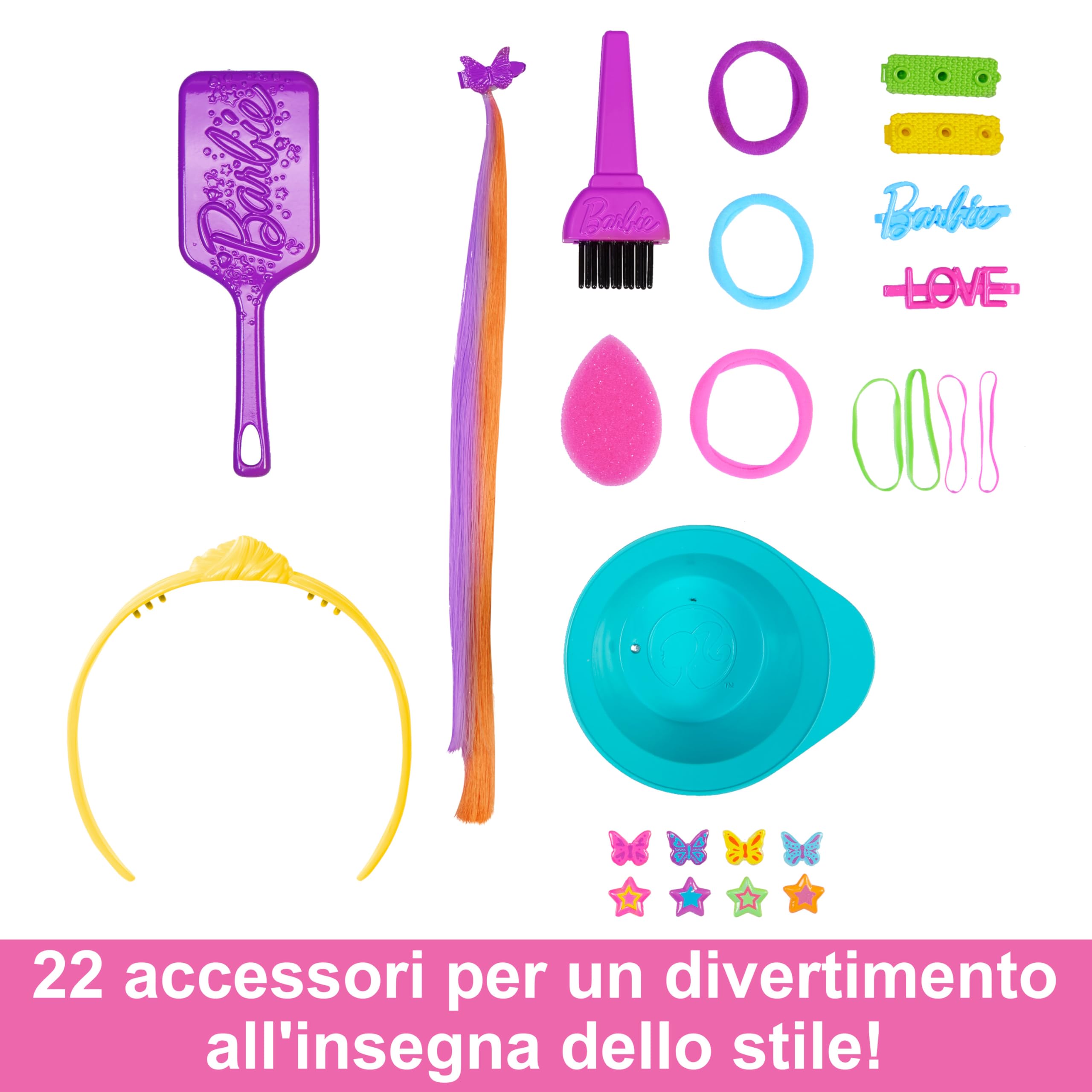 Barbie - Super Chioma Hairstyle Capelli Arcobaleno, testa pettinabile con capelli neri lisci e ciocche arcobaleno fluo da acconciare, con accessori Color Reveal, giocattolo per bambini, 3+ anni, HMD81