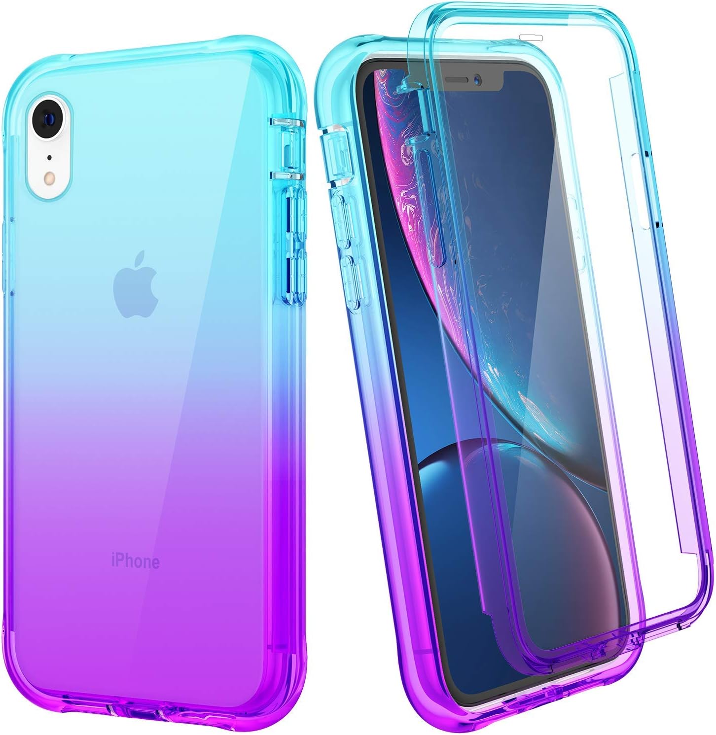 Ruky iPhone XR Case, iPhone XR Full Body Case with Built-in Screen Protector Heavy Duty Rugged Shockproof Soft TPU Protective Clear Women Girls Phone Cases for iPhone XR 6.1”, Teal Purple