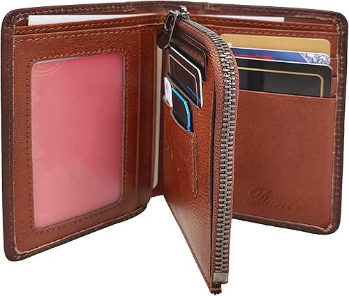Cartera de cuero genuino para hombre, con bloqueo RFID, plegable, con cremallera, bolsillo para monedas, multitarjetero, color marrón, Marrón, Retro