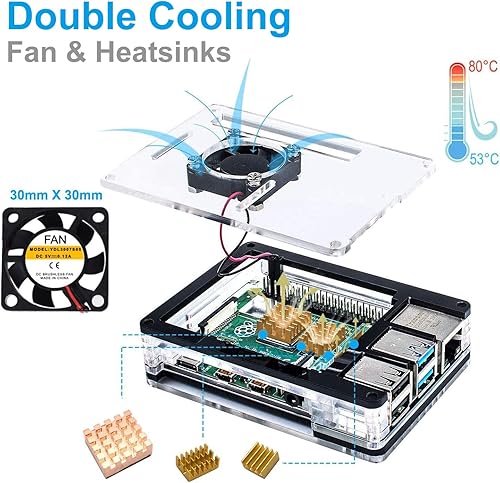 Miniatura 7 de MarsKit Raspberry Pi 4 Modelo B Kit de inicio (2 GB de RAM)caja transparente de alto brillo con ventilador de sistema de rodamientos de bajo ruido y