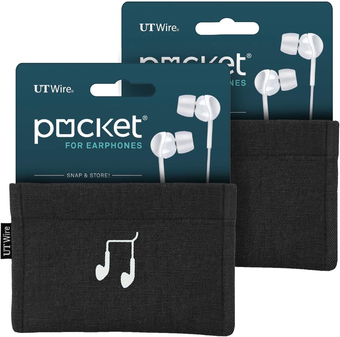 UT Wire [2-Pack Pocket Snap & Store Earphone Case Pouch, Black with Solid Grey Interior