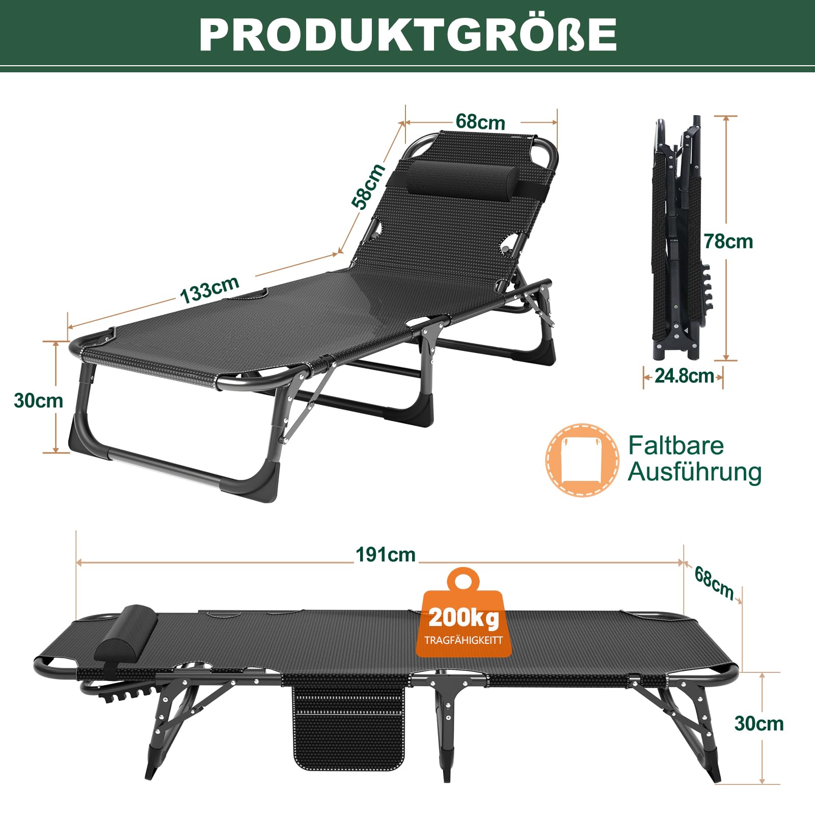 Sonnenliege Klappbar Gartenliege Liegestuhl 200KG Belastbarkeit mit Matratze, verstellbare Rückenlehne Relaxliege für Balkon und Garten, Kann als Gästebett und Campingbett