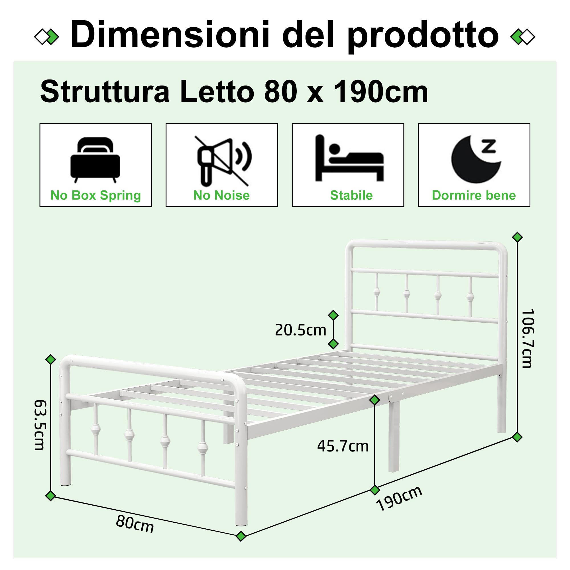 EMODA Struttura Letto in metallo 80 x 190 cm con testiera e pediera, Letto singolo altezza 46 cm, letto singolo, Facile da montare, Silenzioso, Bianco