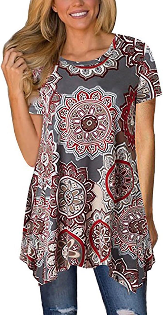 Womens Short Sleeve Floral Print T-Shirt Crew Neck Swing Casual Tunic Tops Blouse (Large, Multi Gray)