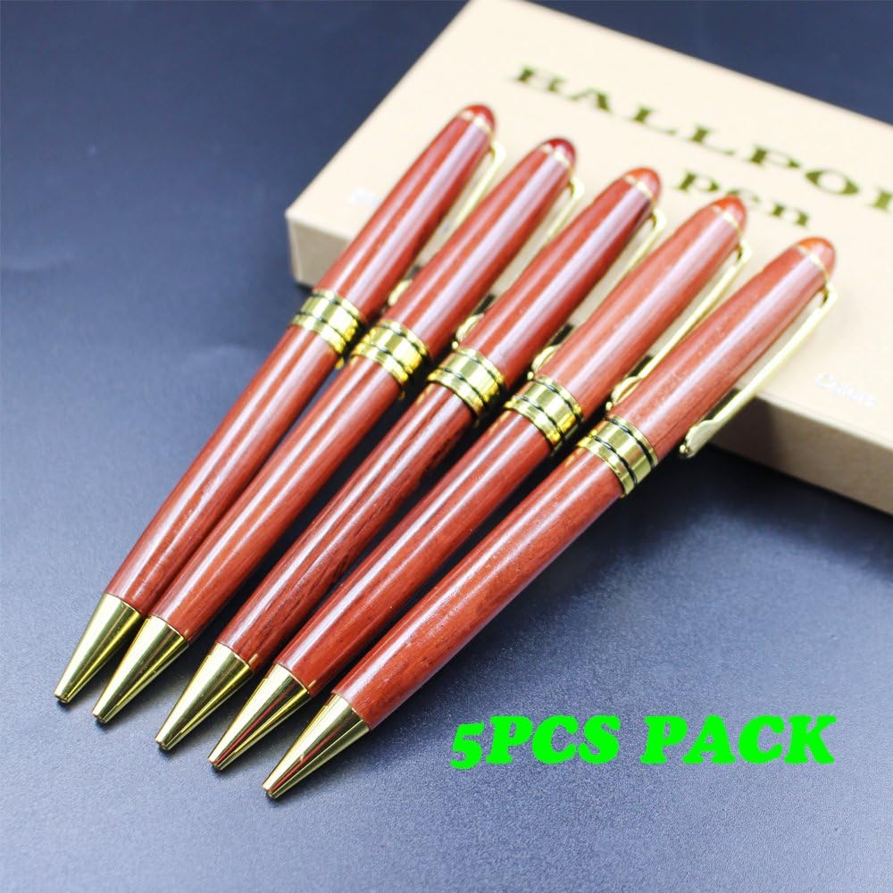 JASON YUEN 5PCS PACK Wooden Eco pen Rosewood ballpoint pens with gold accessories (Model A, 5PCS RED WOODEN)
