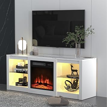 58 Inch Fireplace TV Stand with 18" Electric Fireplace, LED Light Entertainment Center for 65-Inch TV, TV Console for Living Room, with Glass Shelves, Power Outlets, Remote Control, White