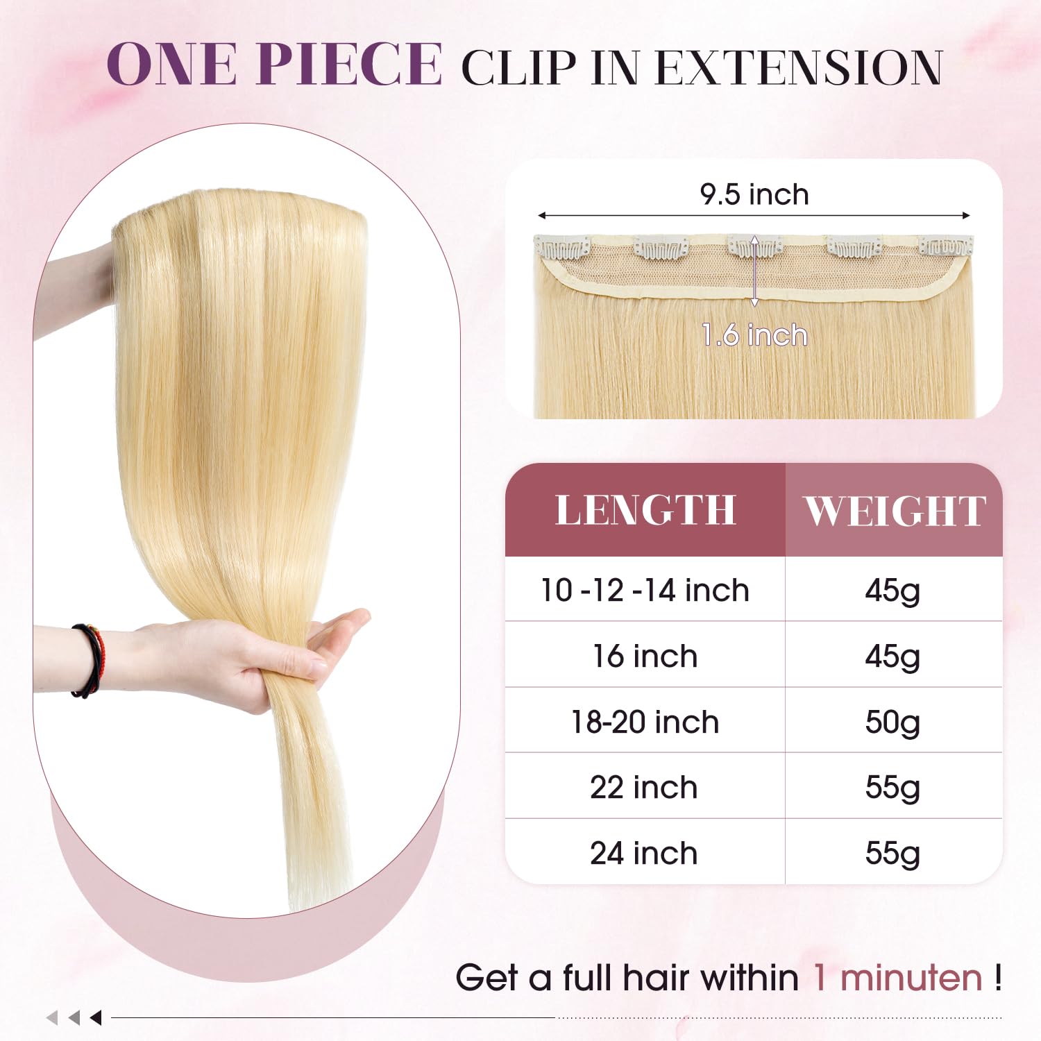 S-noilite One Piece Hair Extensions Clip in Human Hair 5 Clips 3/4 Full Head Clip on Remy Hair Extension for Women,One-Piece Design Adding Hair Volume 16 Inch 45g #Bleach Blonde