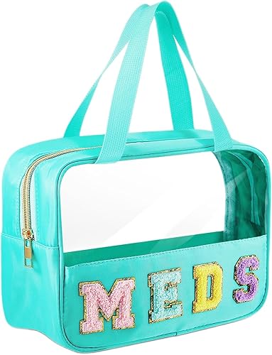 Geetery Bolsa de chenilla con letras, de nailon de PVC, estuche portátil para maquillaje, parche preppy con cremallera, bolsa de almacenamiento