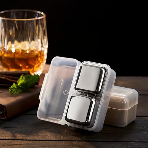Miniatura 4 de Juego de 4 piedras de whisky grandes de 64 cm (4 cu in)  Juego de regalo para hombre  Cubos de esferas de hielo de metal reutilizables de acero