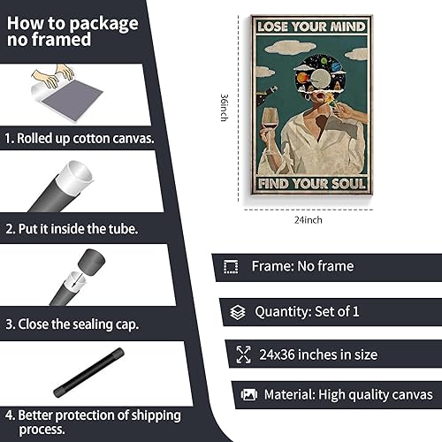 Miniatura 5 de Póster Funky Lose Your Mind Find Your Soul - Lienzo decorativo para pared con cita inspiradora de salud mental, impresión retro, música estética