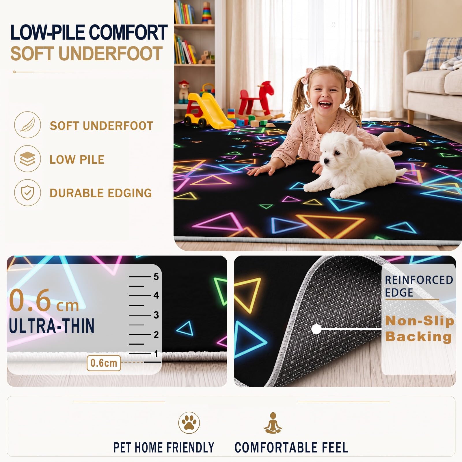 Tapis Gaming Géométrique, Douce Tapis Triangle Néon Saisissant, Décoration Moderne pour Chambre Fußmatte, liable à Poils Ras Facile à Nettoyer Moquette Et Antidérapante (Motif, 140 x 200 cm)