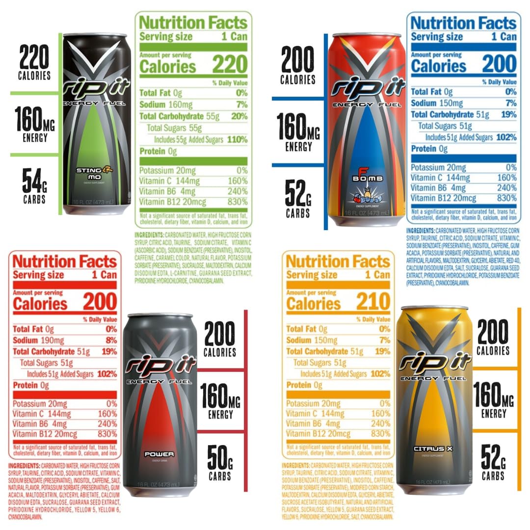 Rip It Energy Drink Variety Pack - 12 Cans of 16 fl oz Each - Assorted Flavors for an Energy Rush - with Snacktix Coaster Included (Power Energy)