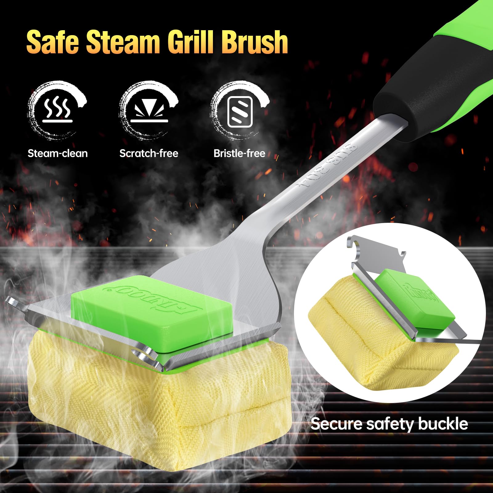 Grillbürste ohne Borsten für Outdoor-Grill, Dampfgrill-Reinigungsbürste, austauschbarer Grillreiniger, langer Griff, sichere Grillbürste mit Schaber für Gusseisen, Edelstahlroste, Grün