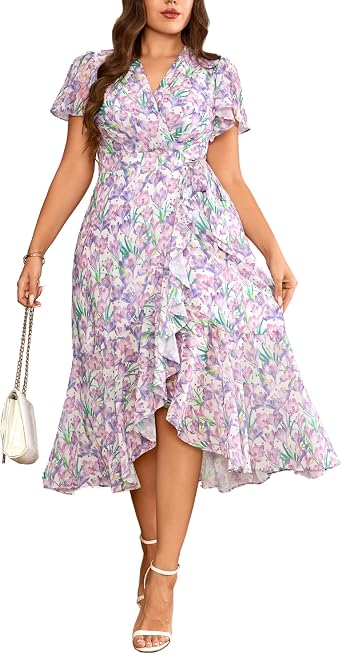 EYWOL Plus Size Wedding Guest Dress for Women, Floral Chiffon Midi Wrap Dress, Flutter Sleeve High Waist Flowy Summer Dresses