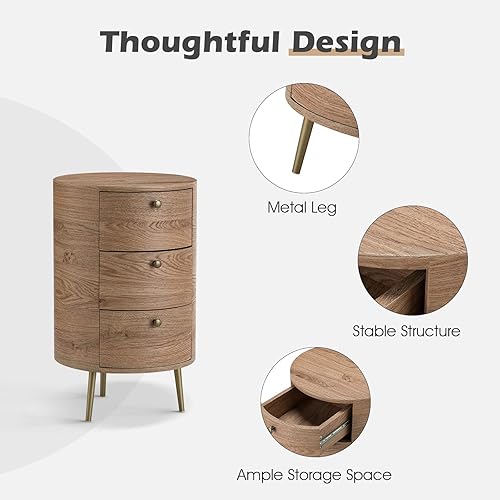 Miniatura 4 de HULALA HOME Mesa auxiliar redonda con 3 cajones de almacenamiento mesa auxiliar pequeña moderna de mediados de siglo con patas de metal mesa