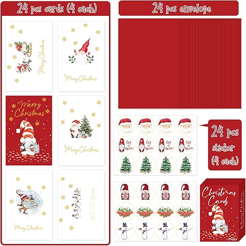 Miniatura 2 de Juego de 24 tarjetas de Navidad de gnomos en caja con sobres y calcomanías, tarjetas de gnomo de Navidad de lámina dorada, 6 tarjetas navideñas de