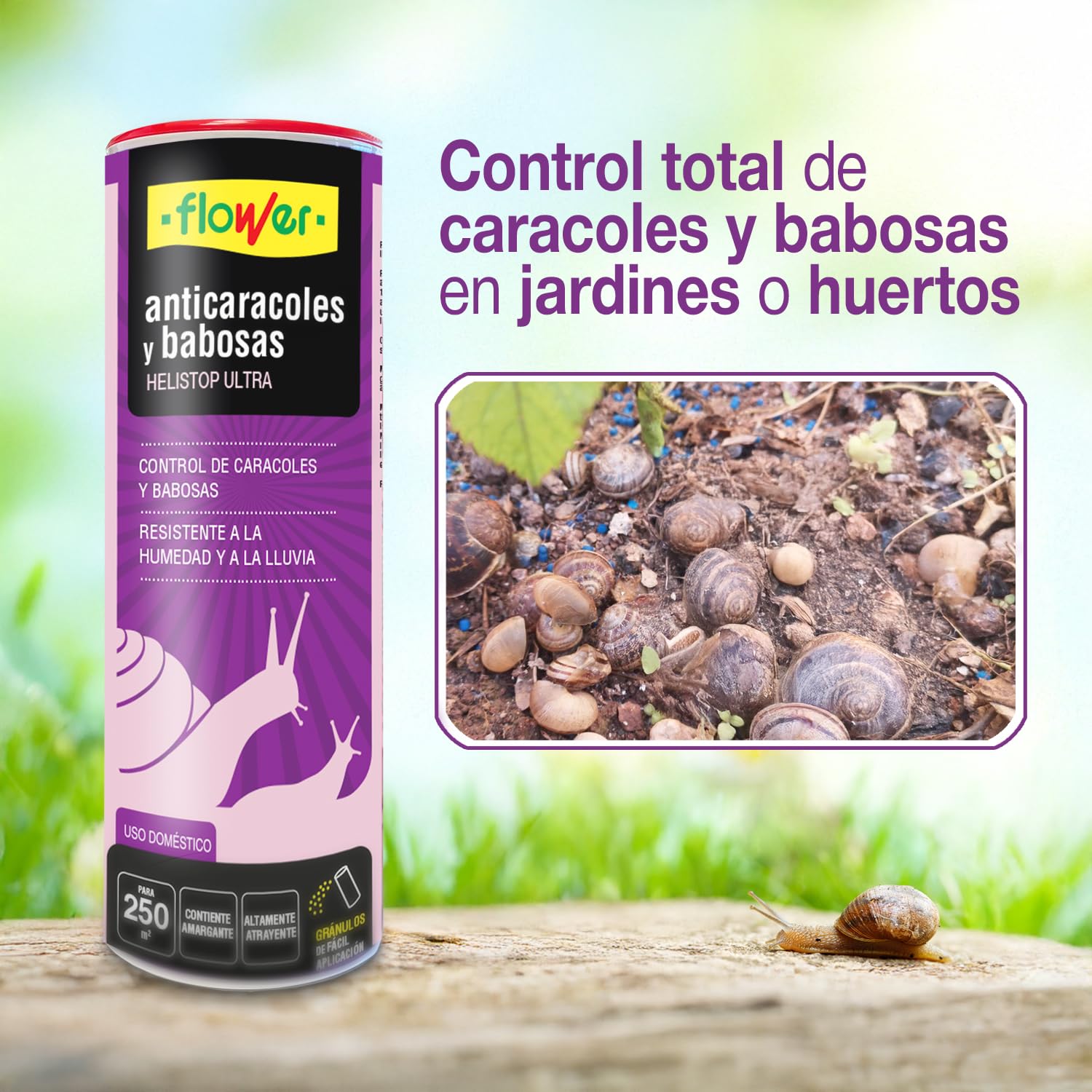 Flower – Anticaracoles y Babosas Helistop Ultra 250 g | Cebo Micro Granulado | Con Metaldehído, Resistente a la Humedad | Jardín y Huerto | Uso Doméstico