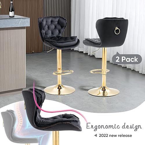 Miniatura 7 de SLEERWAY Juego de 2 taburetes de bar giratorios modernos para mostrador de cocina, sillas de bar de terciopelo, taburetes de bar dorados, taburetes
