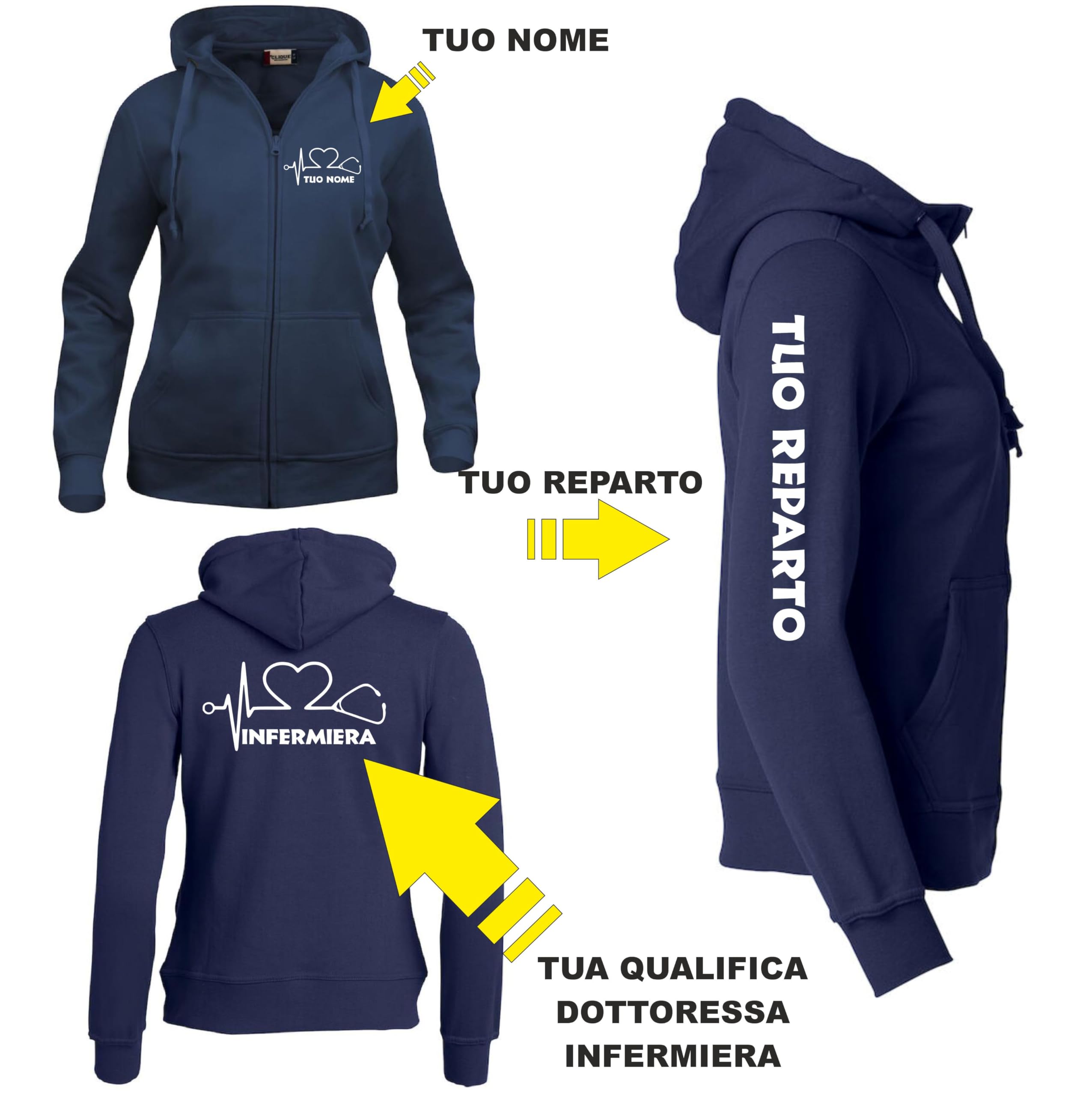 Felpa Infermiera Dottoressa Oss Stetoscopio Cuore | Felpa Da Donna Con Cappuccio e Zip Lunga | Personalizzabile Con Il Tuo Nome La tua Qualifica e Il Tuo Reparto | Scegli la Grafica PS 02203-002
